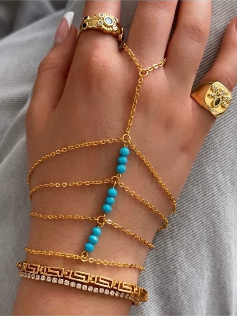 3/$40! 14K Gold Plated Blue Bead Hand Chain – Minimalist Dainty Slave Bracelet